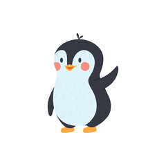Adorable baby penguin with greeting gesture flat vector illustration isolated.
