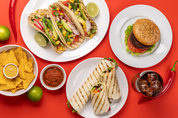 Mexican food featuring tacos, burritos, nachos, burgers
