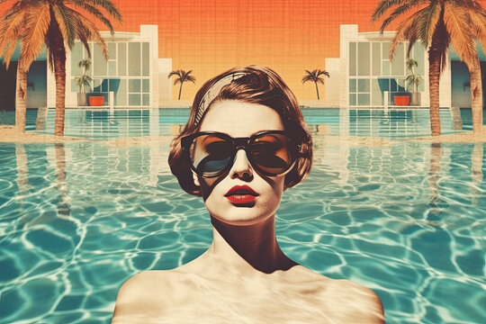 Young woman wearing sunglasses and swimming in pool. Tropical travel vacation palm trees. Retro print effect. Generative AI