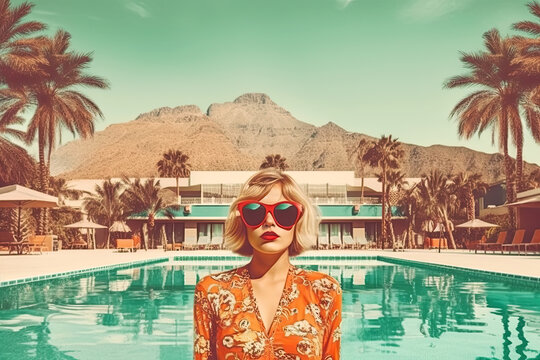 Young woman wearing red sunglasses and dress in tropical vacation with palm trees. Generative AI