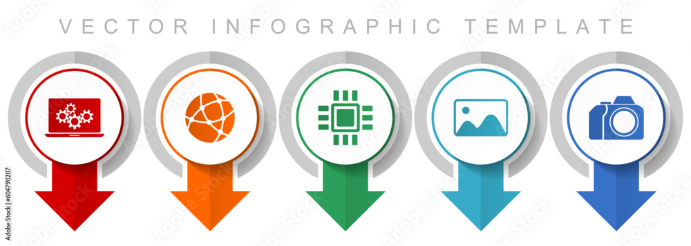 Poster Computer and technology icon set, miscellaneous pointer icons such as laptop, network, chip, image and photo camera for webdesign and mobile applications, modern design infographic vector template