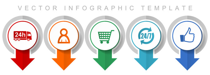 Shopping icon set, miscellaneous pointer icons such as 24h delivery, customer, cart and like for webdesign and mobile applications, modern design infographic vector template