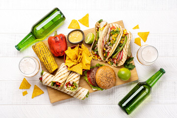 Mexican food featuring tacos, burritos, nachos, burgers