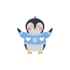 Penguin cute character in warm knitted sweater, vector illustration isolated.