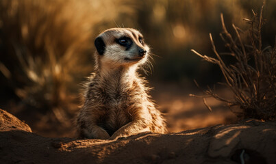 Fototapeta premium photo of meerkat in tall grass at sunset. Generative AI