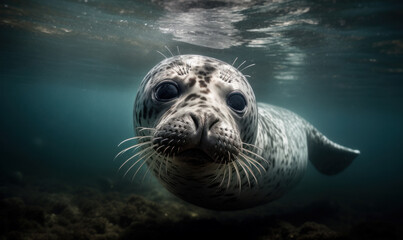 Fototapeta premium Photo of leopard seal, captured as it swims gracefully through the icy waters of Antarctica. Generative AI