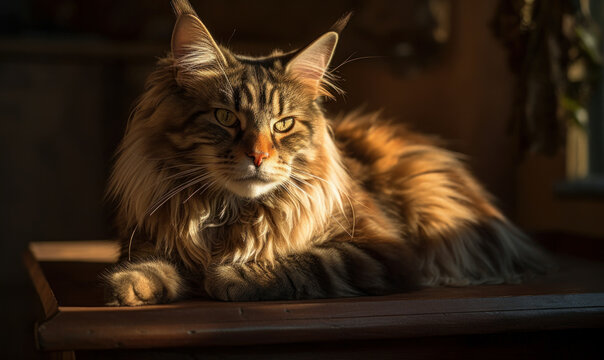Photo of Maine coon cat, lounging on a wooden cat tree, basking in the warm, golden light of the setting sun that embodies the breed's elegance and regal nature. Generative AI