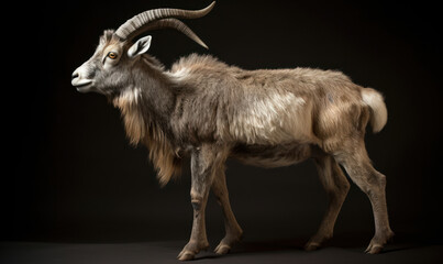 studio photo shot of markhor (Capra falconeri) on dark background. Generative AI