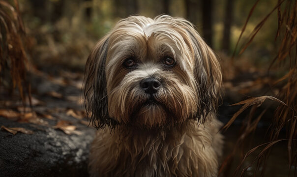 closeup photo of Lhasa apso dog on blurry natural outdoors background. Generative AI