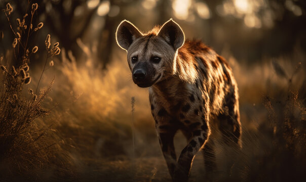 Photo of laughing hyena in its natural habitat, composition showcases the hyena's distinctive markings, powerful jaws, and piercing gaze. Generative AI