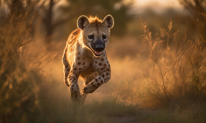 photo of laughing hyena running in tall grass at sunset. Generative AI