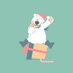 merry christmas and happy new year with cute polar bear, candy cane, cookie and present gift box in the winter season, flat vector illustration cartoon character costume design