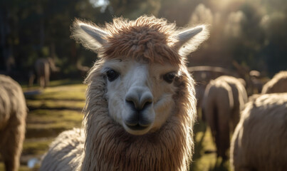 Obraz premium closeup photo of llama in its natural habitat. Generative AI