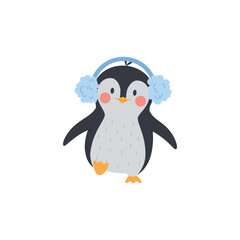 Penguin baby cartoon character in earmuffs, flat vector illustration isolated.