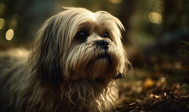 closeup photo of Lhasa apso dog on blurry natural outdoors background. Generative AI