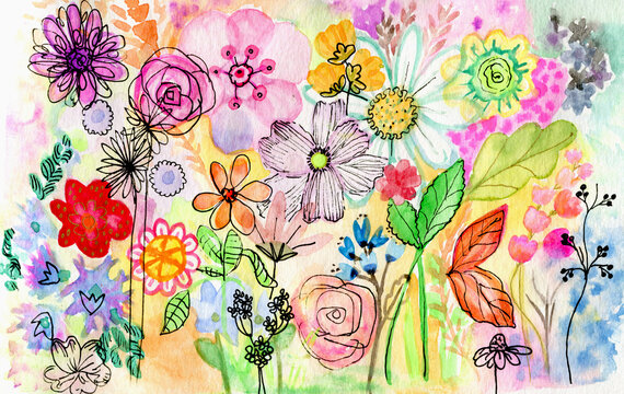 Sfondo floreale giardino, miscuglio di fiori colorati, illustrazione ad acquerello