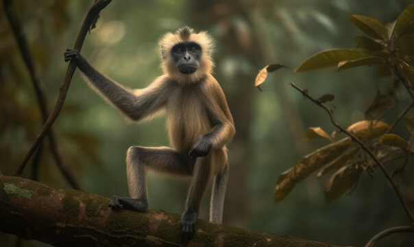 Majestic Langur in the Heart of the Jungle: Photo of langur, perched on a branch in a dense forest, image showcases the primate's agile movements, striking features, and natural habitat. Generative AI