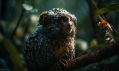 Fototapeta premium Photo of marmoset, perfectly poised in a lush, tropical rainforest. Generative AI