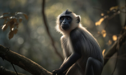 Fototapeta premium Majestic Langur in the Heart of the Jungle: Photo of langur, perched on a branch in a dense forest, image showcases the primate's agile movements, striking features, and natural habitat. Generative AI