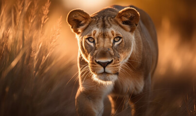 Obraz na płótnie Canvas photo of lion in tall grass at sunset. Generative AI