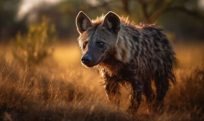 Fototapeta premium photo of laughing hyena in tall grass at sunset. Generative AI