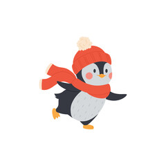 Funny baby penguin in winter knitted hat and scarf vector illustration isolated.