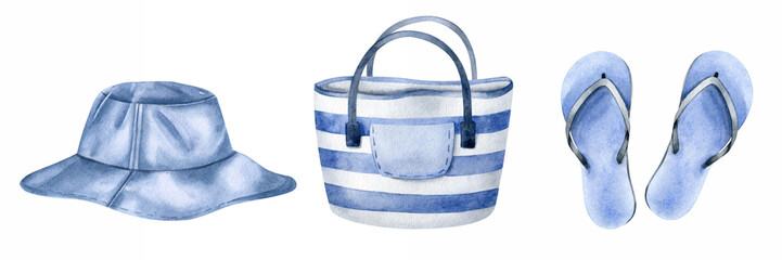 Beach blue flip-flops in the sand. Striped beach bag and panama hat. Travel set. Tourism. Summer vacation. Watercolor illustration. Isolated. For postcards, marketing, invitations, and scrapbooking.