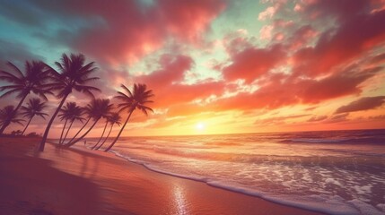 A beautiful sunset or sunrise in soft pastel colors with palm trees on an exotic sandy beach. Summer holidays in paradise concept. Generative AI. Illustration
