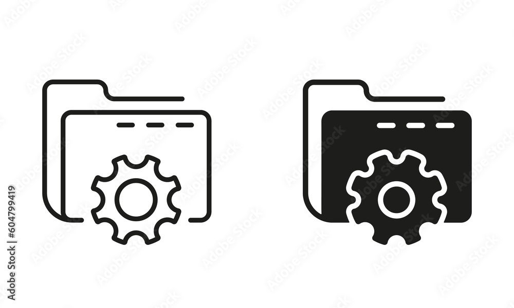 Wall mural Computer Folder with Gear Line and Silhouette Icon Set. Setting of Data Folder Black Symbol Collection. Options and Configuration of File or Document. Vector Isolated Illustration