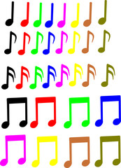 Music notes, songs, melodies, colorful icon set. Flat vector icon for music apps and websites. Replaceable vector design.