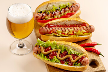 Various hot dog and beer