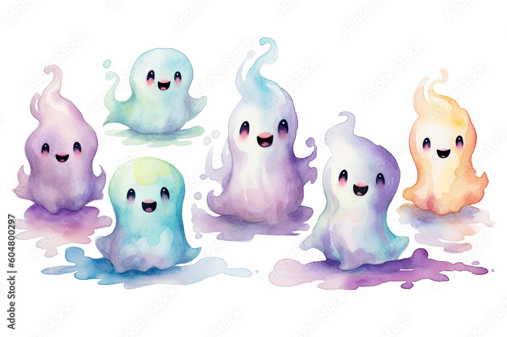 Wall mural Halloween watercolor ghosts art created with Generative AI technology