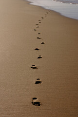 Footprints in the sand, beautiful sandy tropical beach with sea waves, background with ootsteps on...