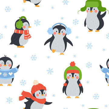 Lovely winter seamless pattern design with penguins flat vector illustration.