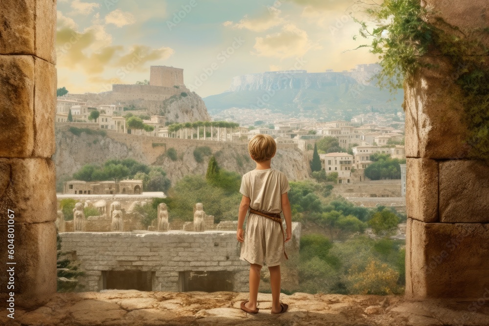 Wall mural Child ancient greek city. Generate Ai