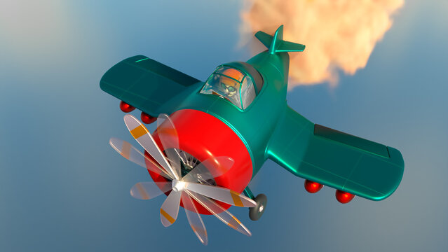 3d-render of a green light aircraft with a red propeller flies in the blue sky. The pilot is in the glass cockpit. Toy style, isolated low poly 3d model.
