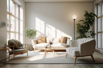 Fototapeta premium White and simple living room created with Generative AI technology