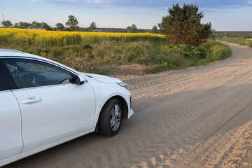 white car drives along a country road among a flowering rapeseed field. forward to adventure. 
