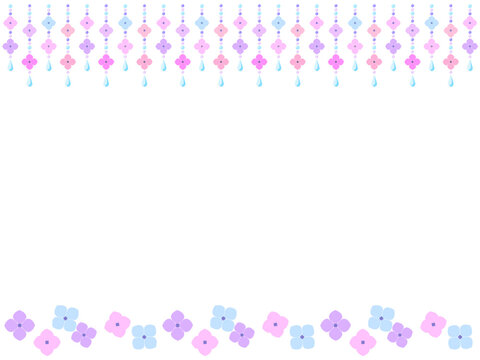 梅雨にぴったりな紫陽花の花と雨だれのカーテンのフレーム背景イラスト
