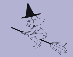 Witch flying on broom. Halloween character in outline style.