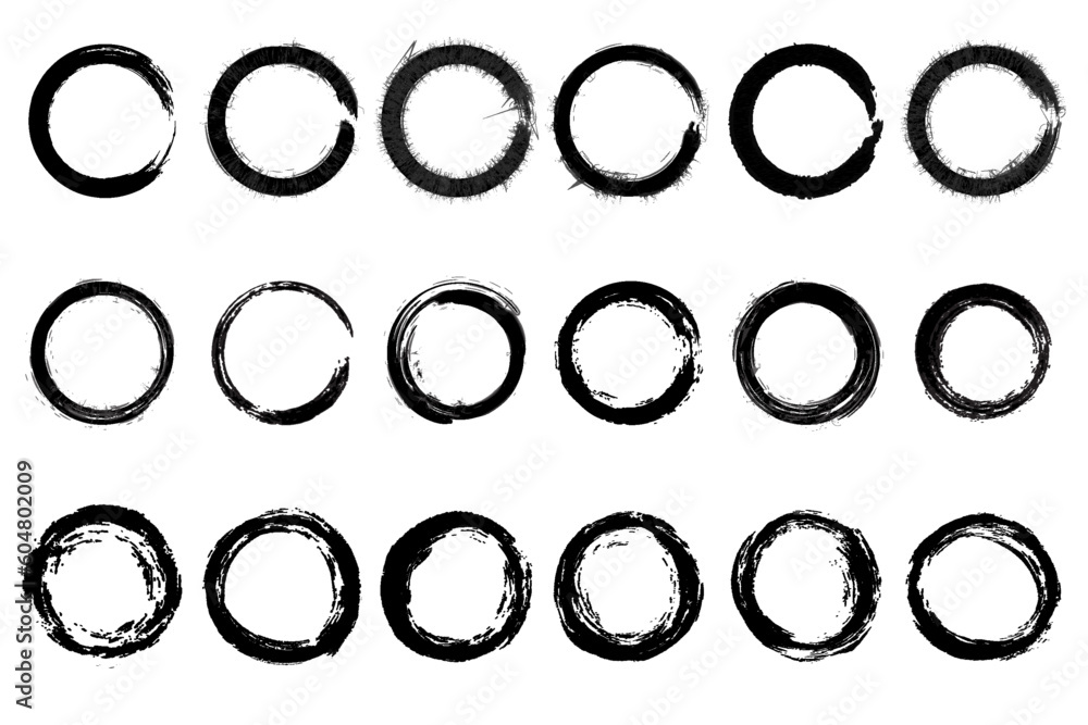 Poster grunge circle frames set black brush stroke rounds sketch scribble circular elements
