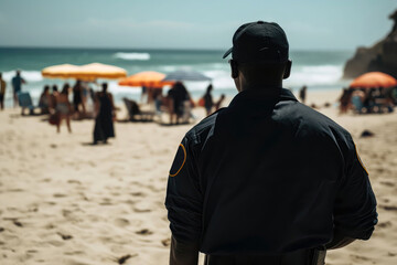 Security Guard In Black Stands With His Back To An Outoffocus Beach Scene. Generative AI