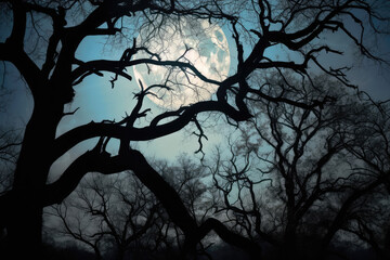 Haunting Silhouettes Of Gnarled Tree Branches Reaching Towards Pale Moon, Halloween. Generative AI