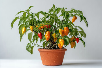 Hot Peppers Growing In White Pot On White Background. Generative AI
