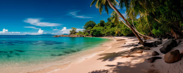 tropical paradise beach with white sand and coco palms travel tourism wide panorama background concept, generative aix