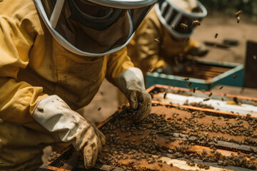 Honeybees Collecting Resin To Create Propolis For Hive Repairs. Generative AI