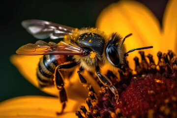 Macro Shot Of Bee Pollinating Colorful Sunflower. Generative AI
