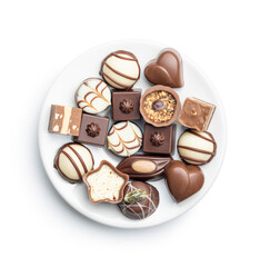 Sweet chocolate pralines.  Tasty chocolate truffles on plate isolated on white background.