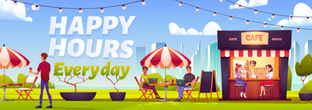 Happy hour in park street cafe vector illustration. Outdoor restaurant or cafeteria booth exterior in summer with people. City building landscape background. Sale offer promotion for snack and coffee
