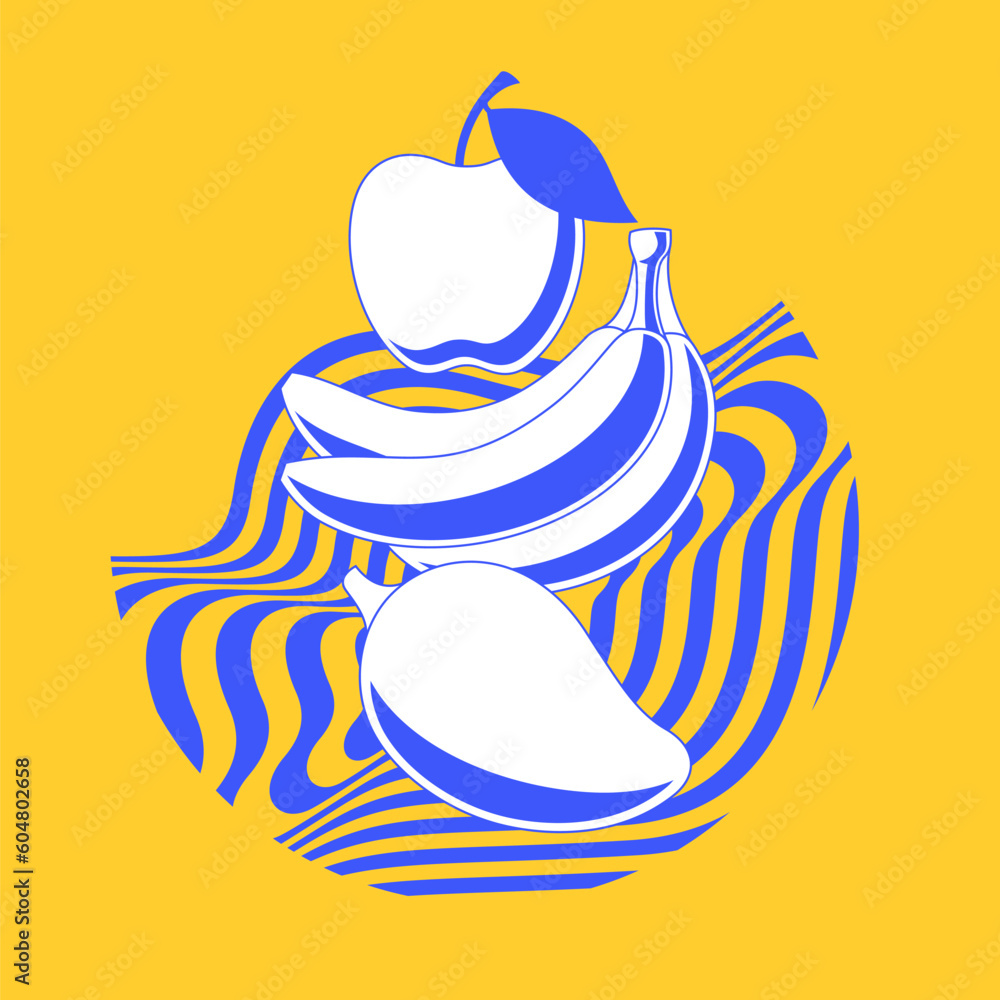 Poster vector graphics in a trendy minimalist style with abstract elements and fruits.